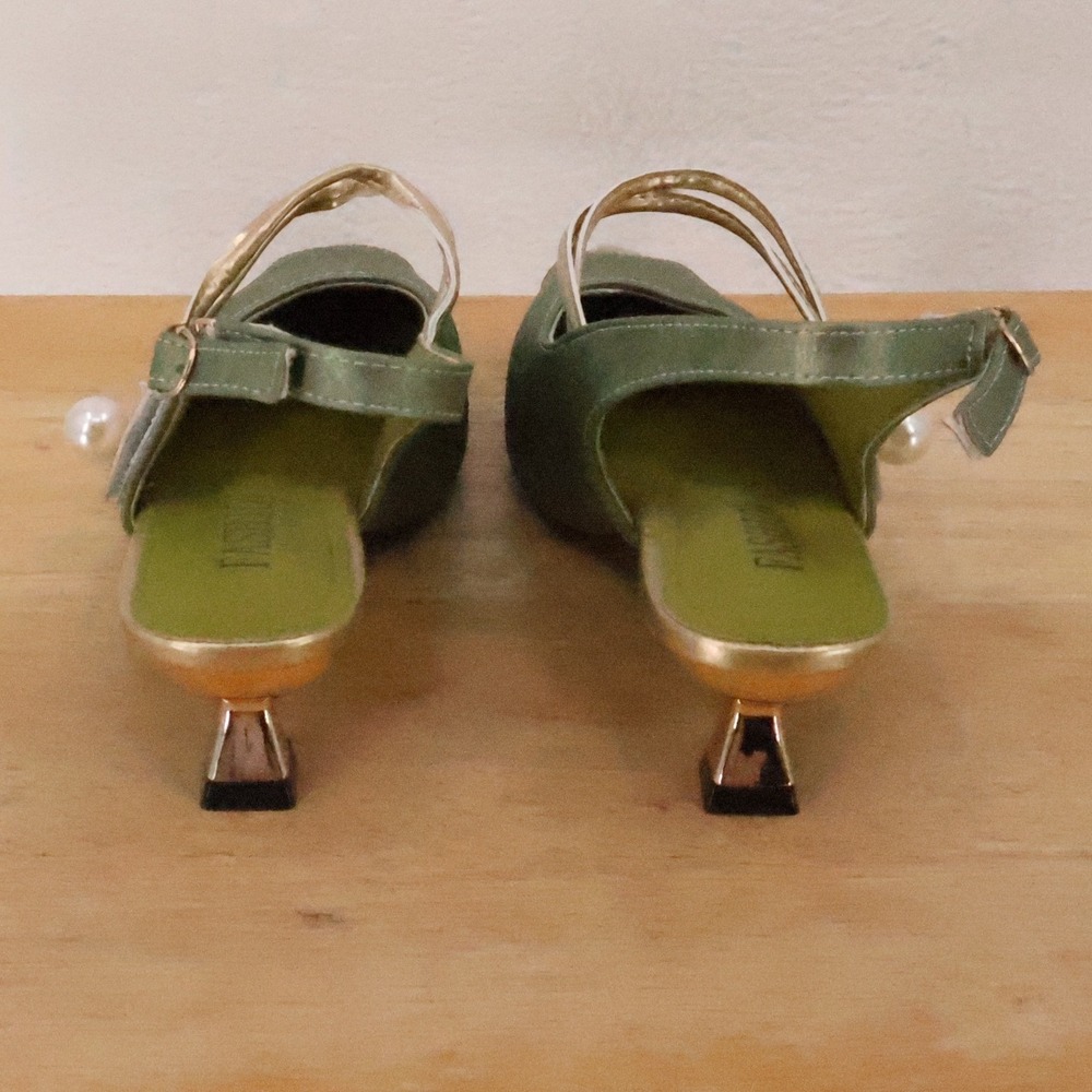 Sage Green Gold Slingback Kitten Heel Womens Size 8.5 Regency Victorian Costume - Picture 3 of 14